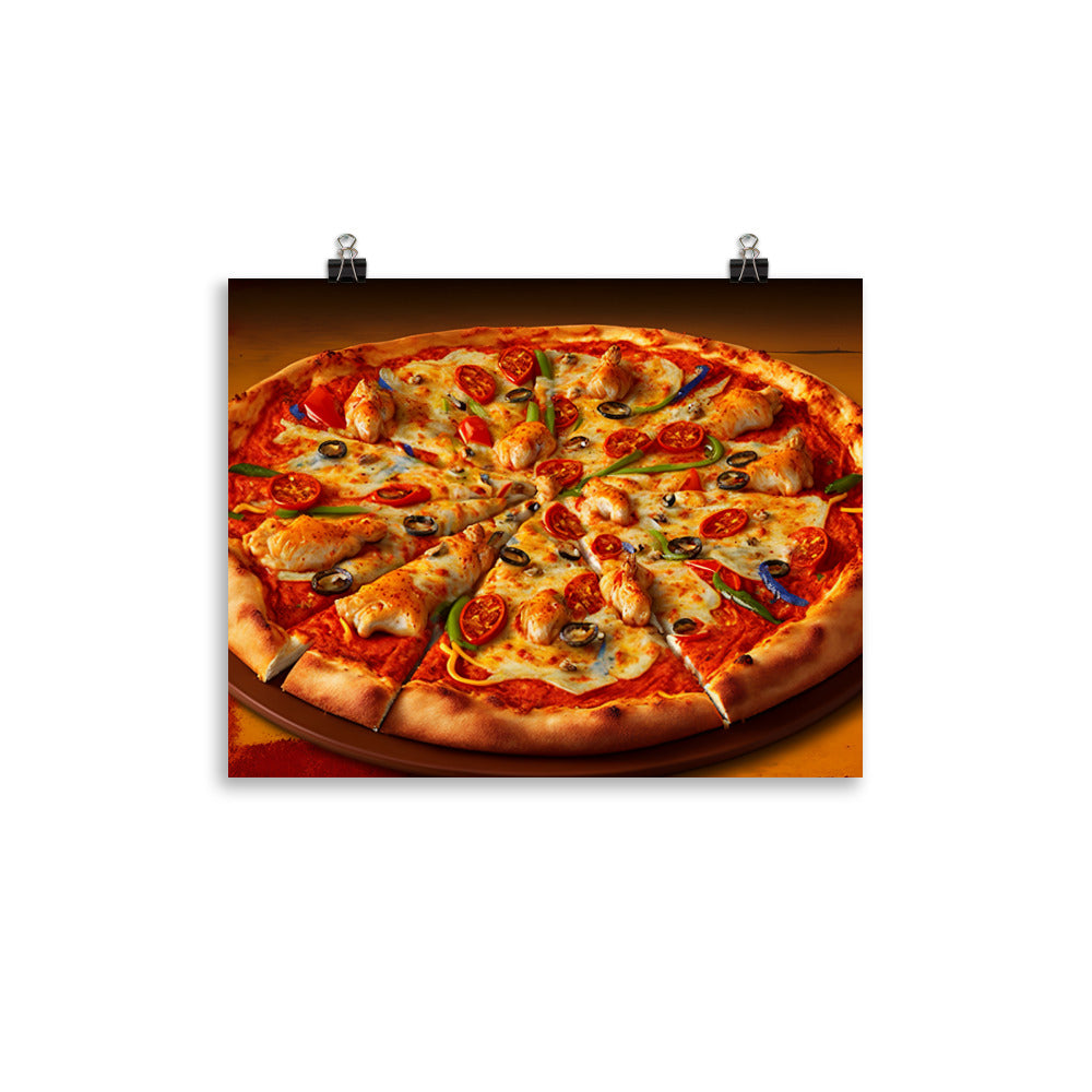 A spicy chicken pizza with chunks of tender chicken photo paper poster - Posterfy.AI