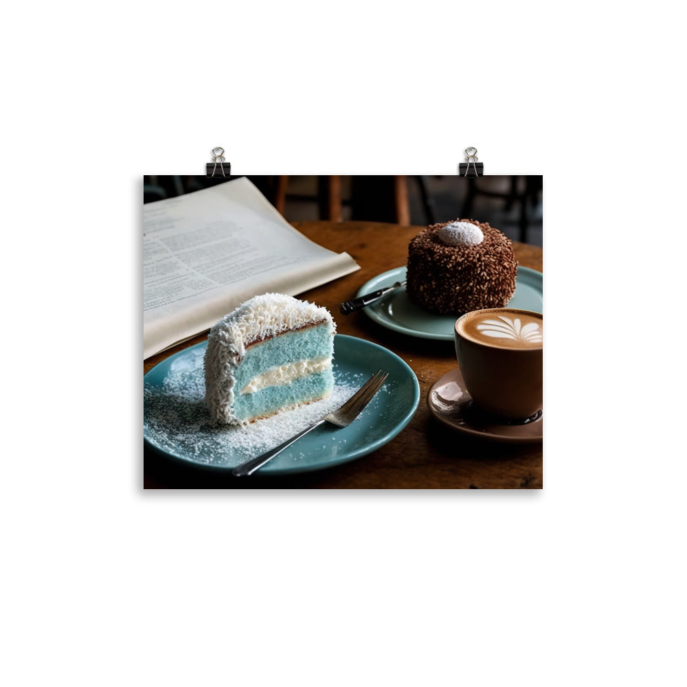 Coconut-covered cake paired with the smooth coffee photo paper poster - Posterfy.AI