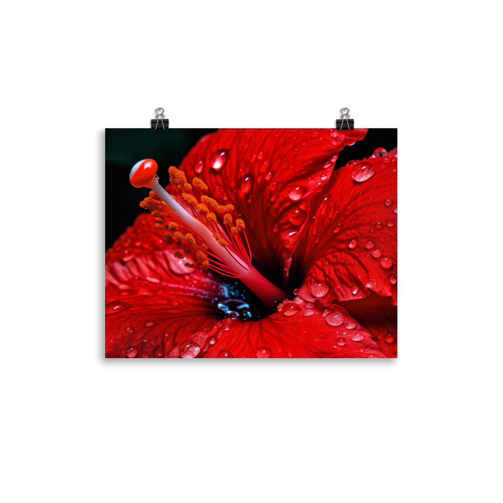 Close-Up of a Red Hibiscus with Dew Drops  photo paper poster - Posterfy.AI