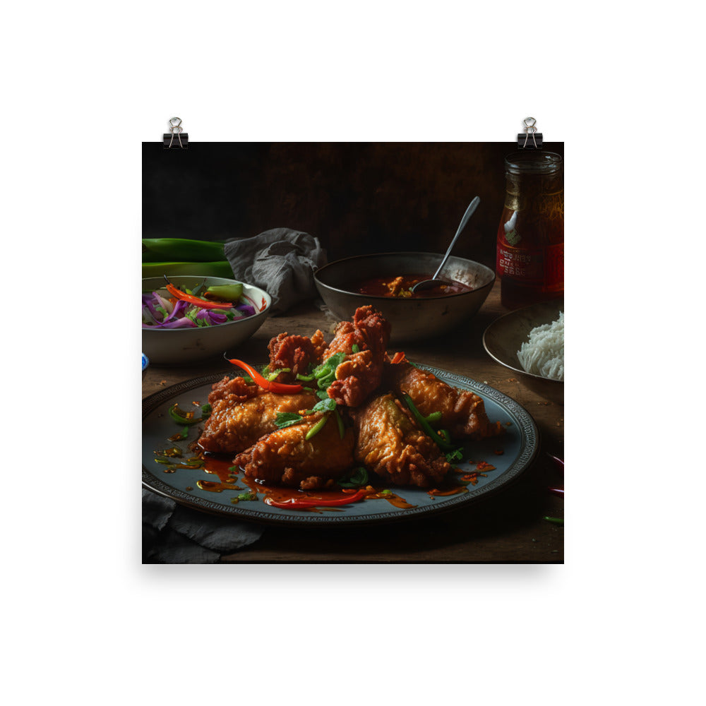A plate of crispy and juicy fried chicken photo paper poster - Posterfy.AI