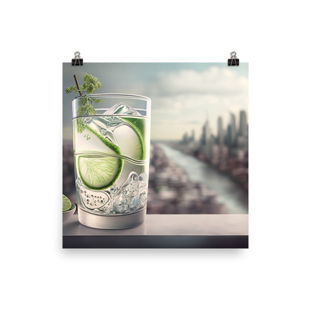 A refreshing gin and tonic with a slice of lime photo paper poster - Posterfy.AI