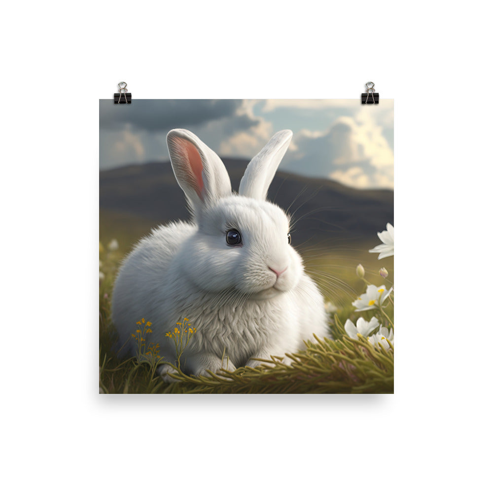 A fluffy white bunny in a field of flowers photo paper poster - Posterfy.AI