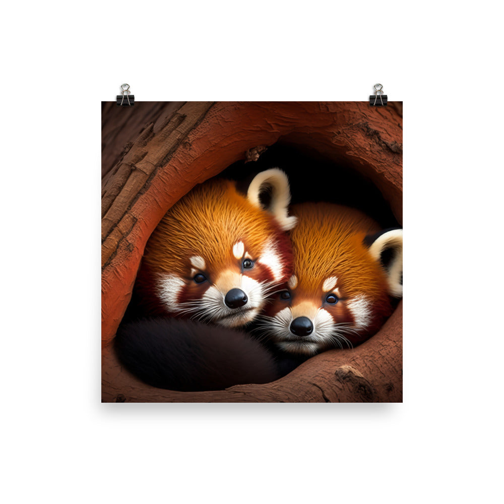 A pair of cute red pandas snuggled up together in a tree hollow photo paper poster - Posterfy.AI