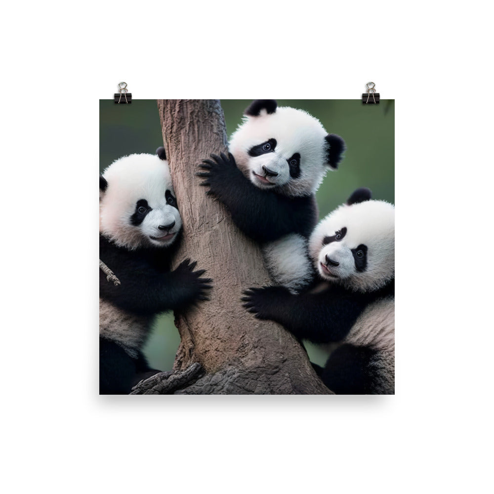 A mischievous panda cub playing with its siblings in a tree photo paper poster - Posterfy.AI