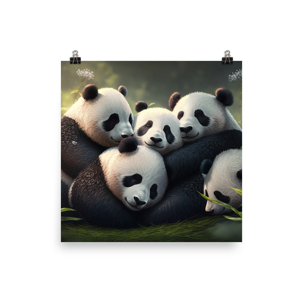 A group of panda bears cuddling together in a peaceful meadow photo paper poster - Posterfy.AI