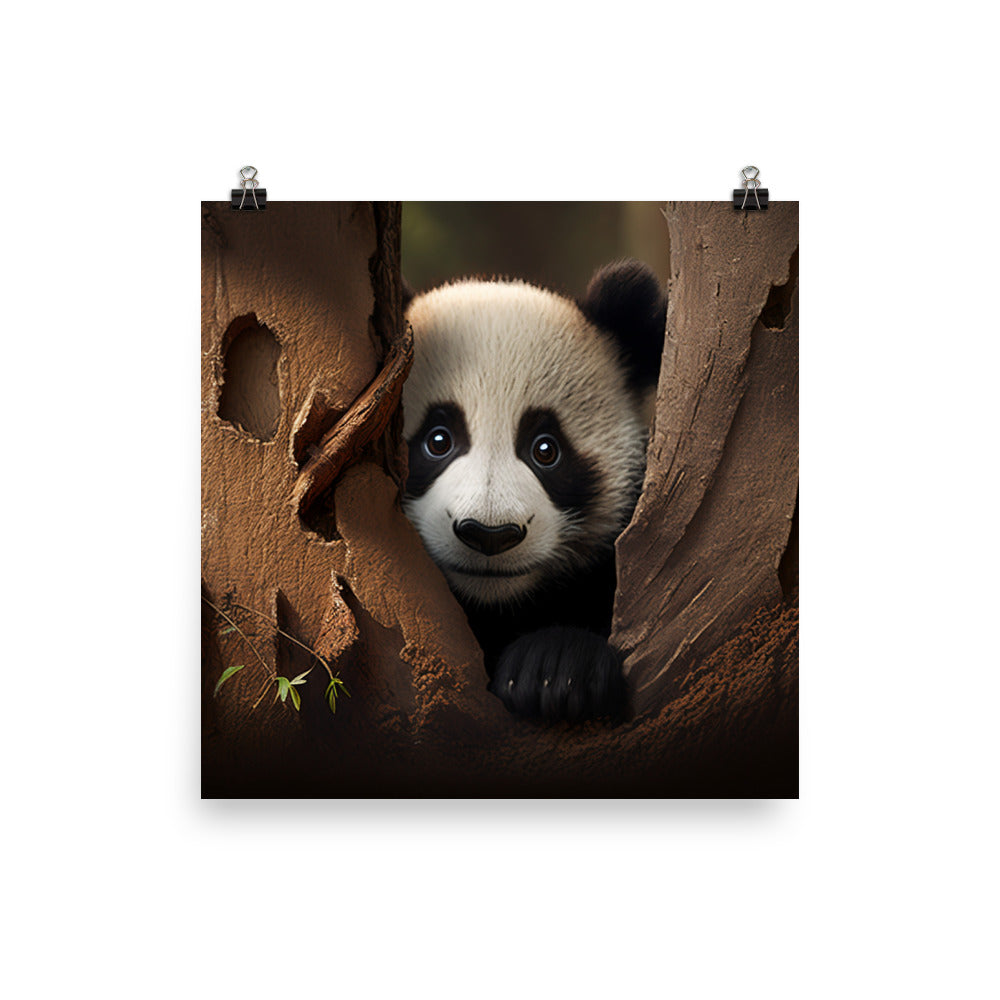 A curious panda bear peeking out from behind a tree trunk photo paper poster - Posterfy.AI