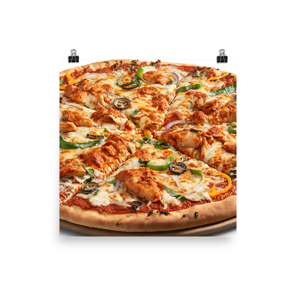 A spicy chicken pizza with chunks of tender chicken photo paper poster - Posterfy.AI