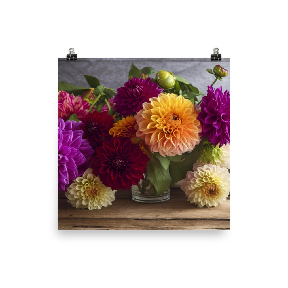 Dahlia Bouquet on a Wooden Table photo paper poster - Posterfy.AI