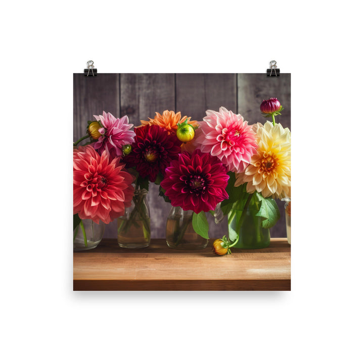 Dahlia Bouquet on a Wooden Table photo paper poster - Posterfy.AI