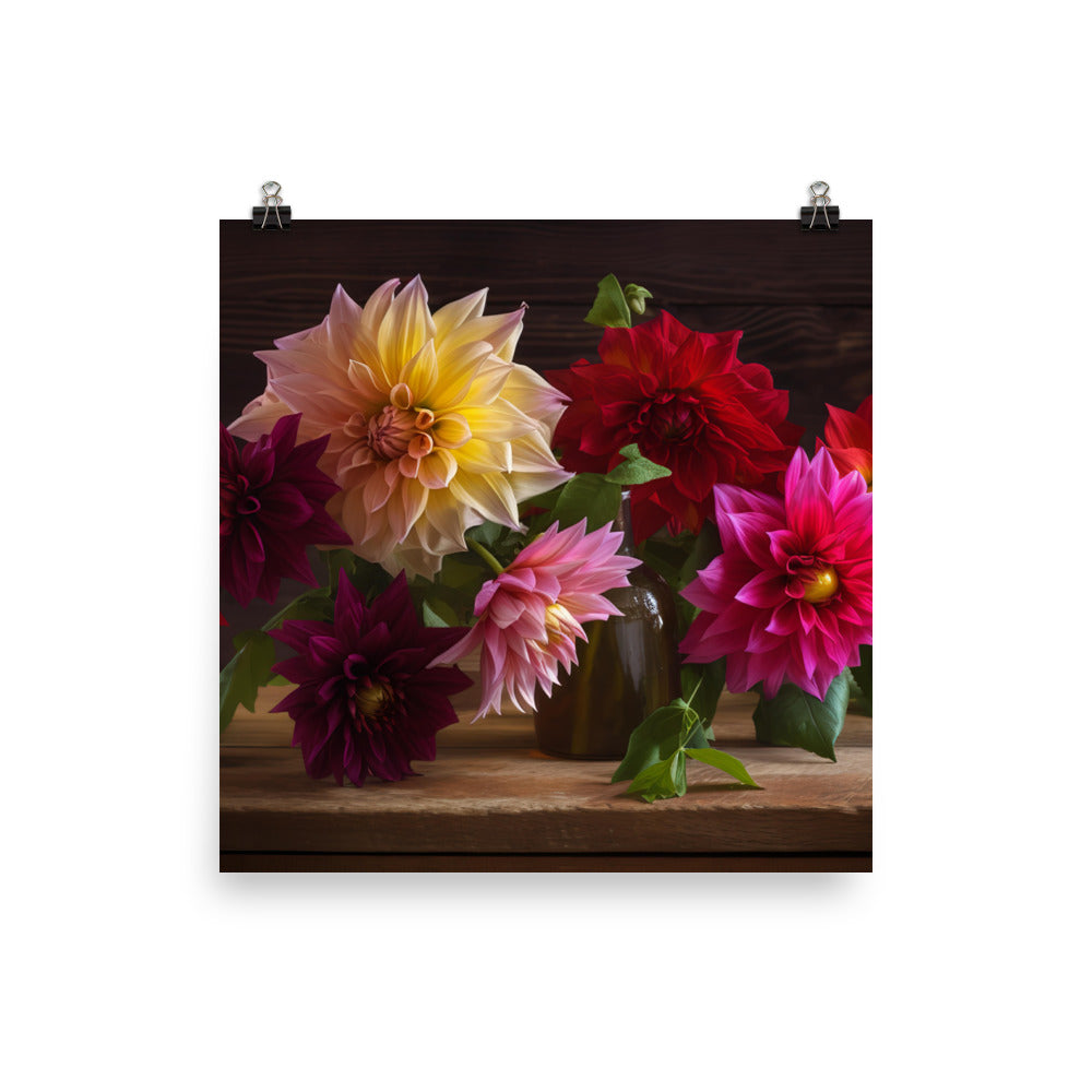 Dahlia Bouquet on a Wooden Table photo paper poster - Posterfy.AI