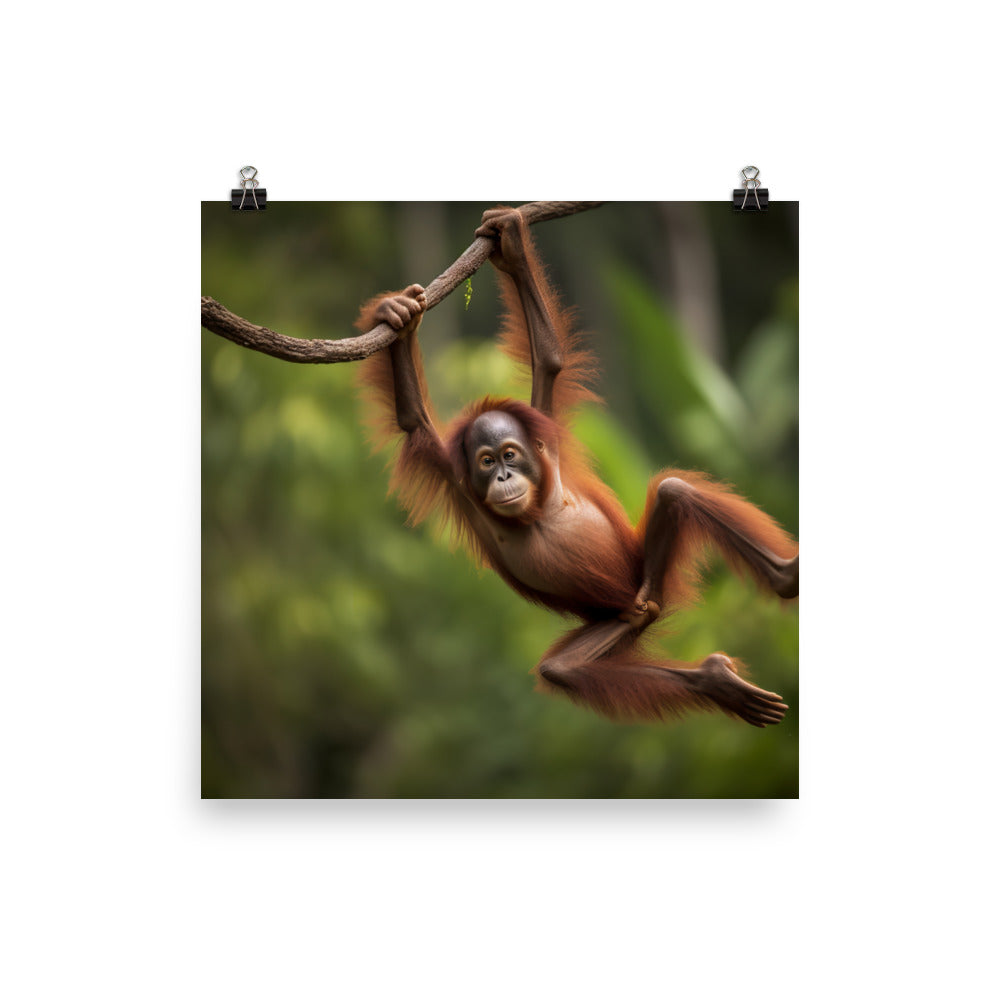 Playful Orangutan Swinging on Branch photo paper poster - Posterfy.AI