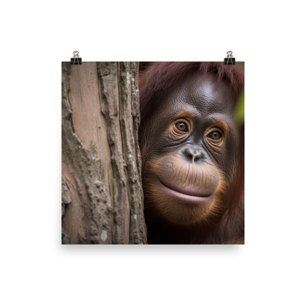 Inquisitive Orangutan Peeking from Behind Tree photo paper poster - Posterfy.AI