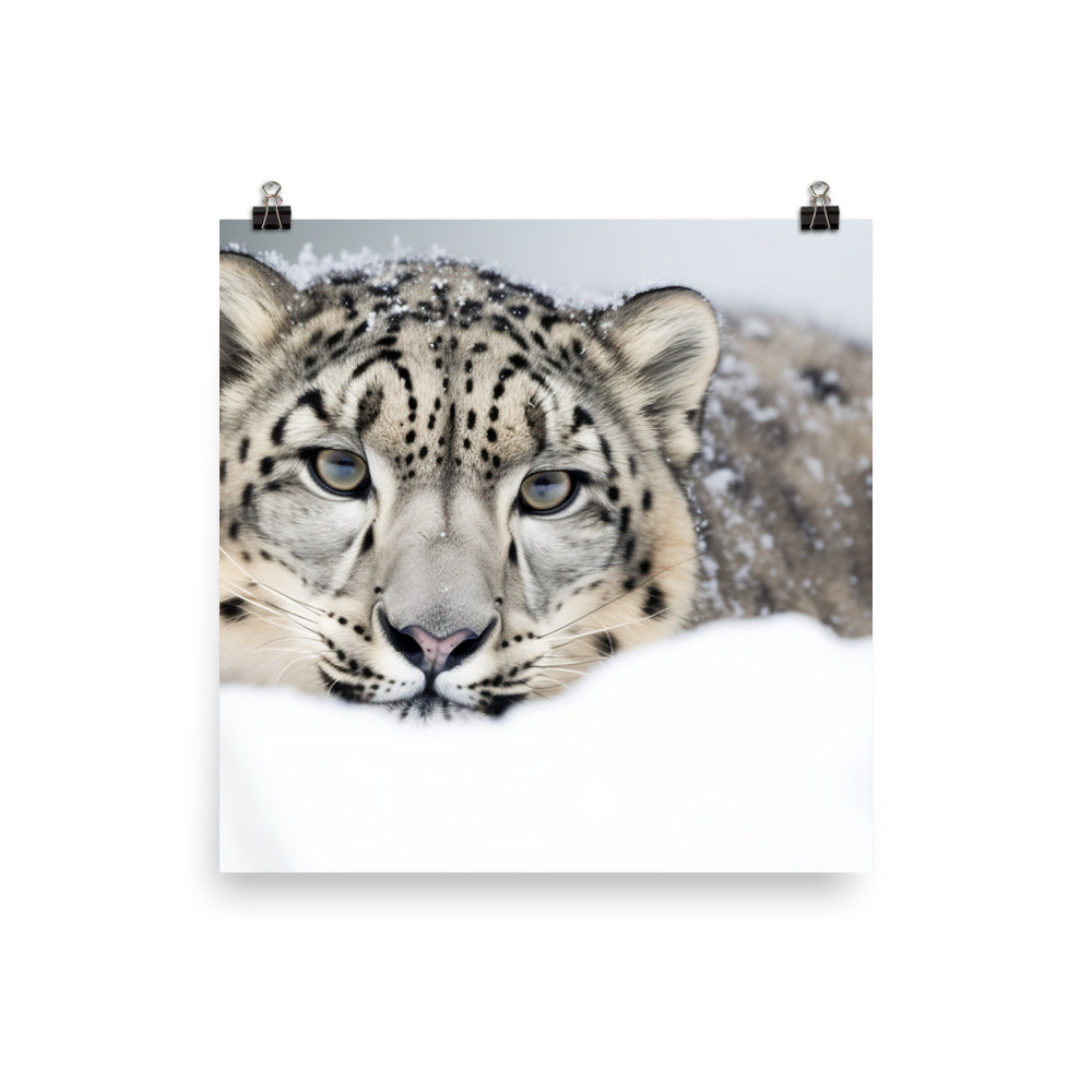 A Snow Leopard hiding in the snow photo paper poster - Posterfy.AI