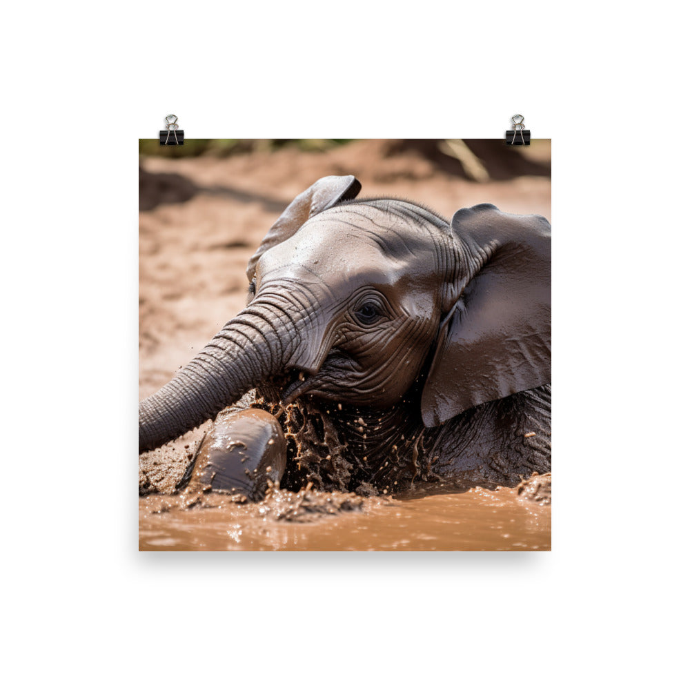 Adorable Baby Elephant Taking a Mud Bath photo paper poster - Posterfy.AI