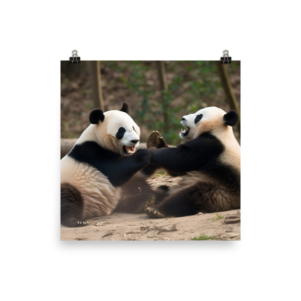 Playful Panda Duo in Action photo paper poster - Posterfy.AI