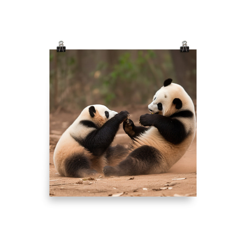 Playful Panda Duo in Action photo paper poster - Posterfy.AI