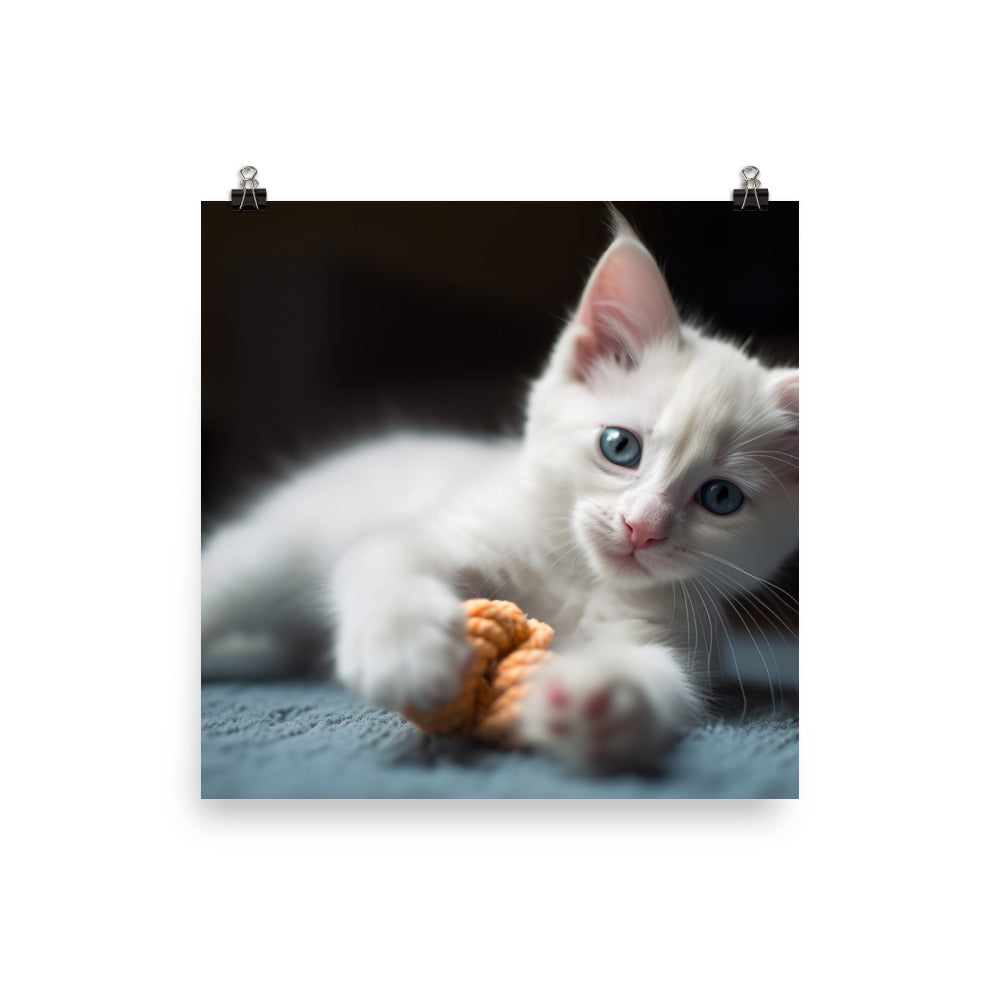 Adorable Turkish Angora kitten playing with a toy photo paper poster - Posterfy.AI