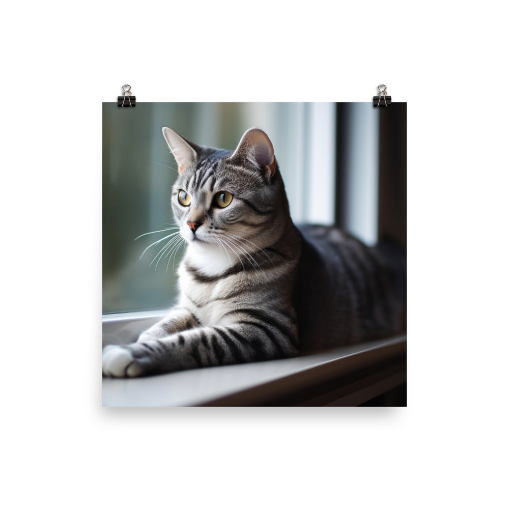 Charming American Shorthair posing on a windowsill photo paper poster - Posterfy.AI