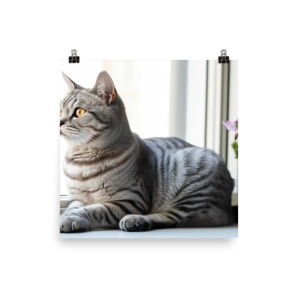 Charming American Shorthair posing on a windowsill photo paper poster - Posterfy.AI