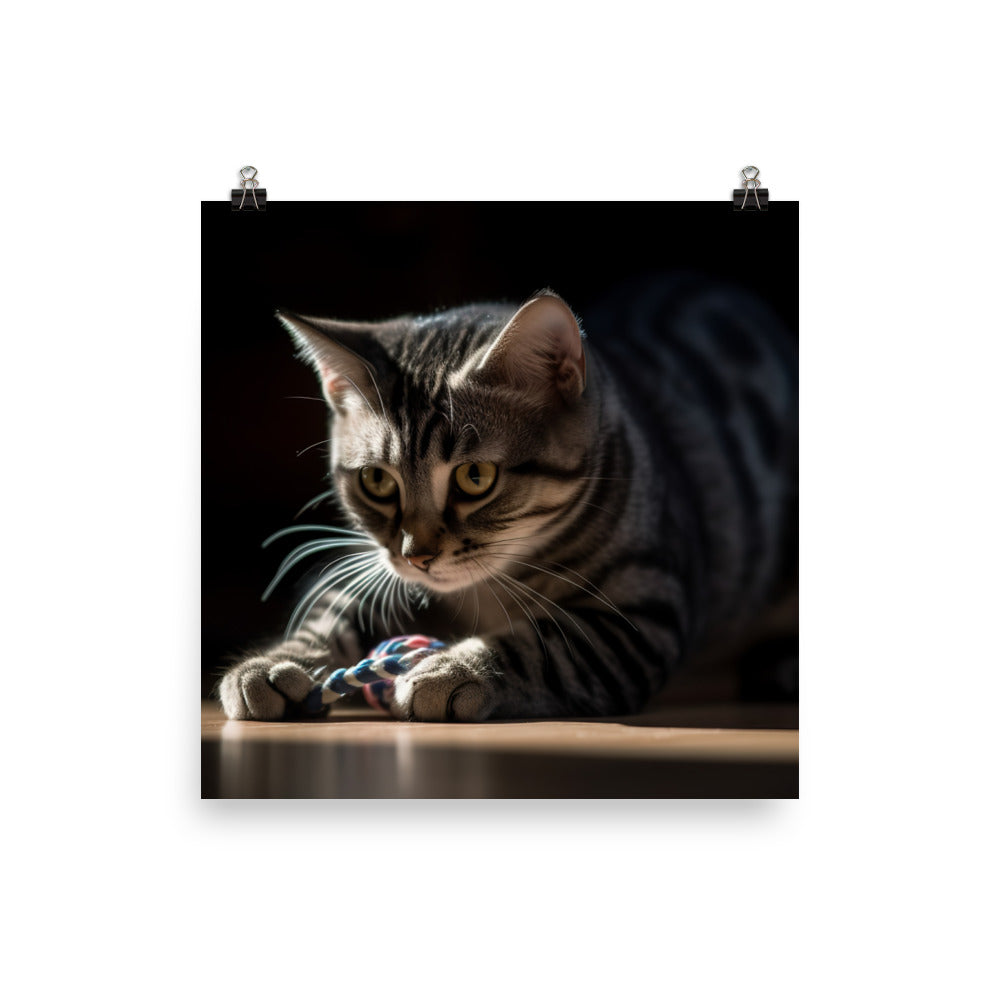 Adorable American Shorthair playing with toy mouse photo paper poster - Posterfy.AI