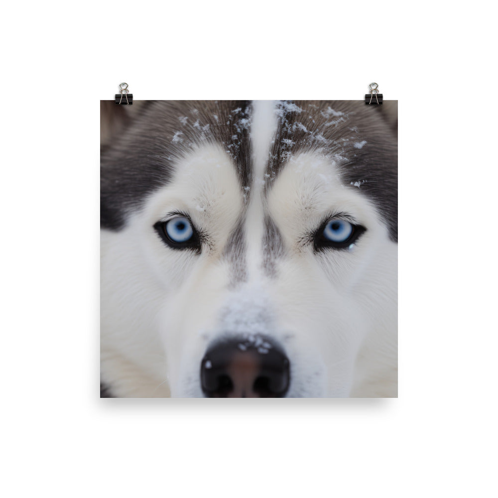 Siberian Huskys nose covered in snow photo paper poster - Posterfy.AI