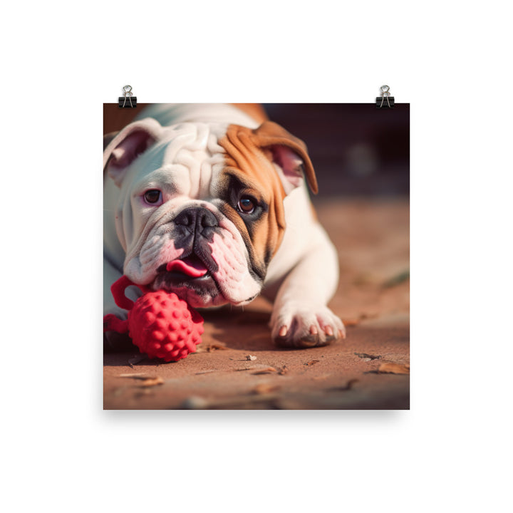 Silly Bulldog: Playful Pup with a Toy photo paper poster - Posterfy.AI