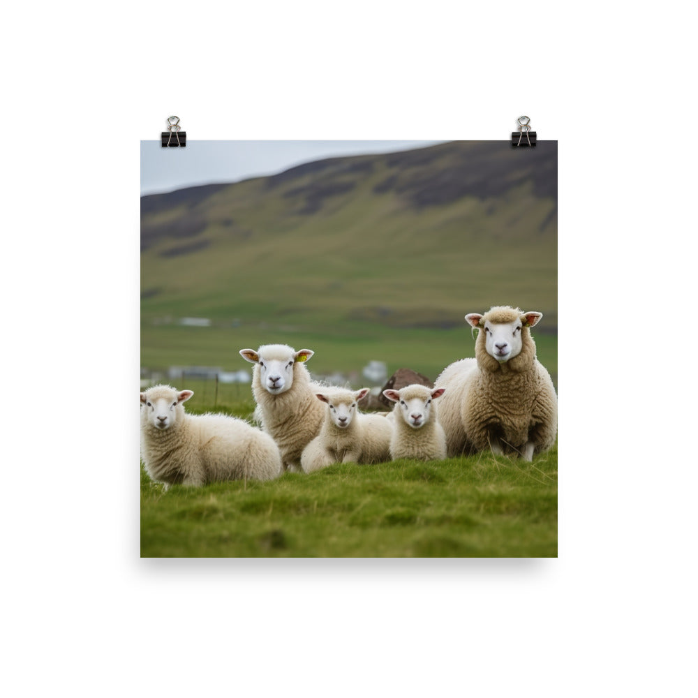 Icelandic Sheep with their playful lambs photo paper poster - Posterfy.AI