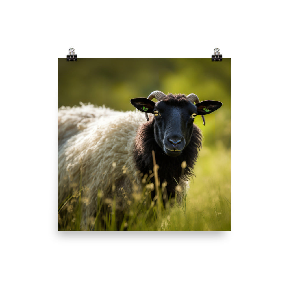 Curious Suffolk Sheep Ewe in the Meadow photo paper poster - Posterfy.AI