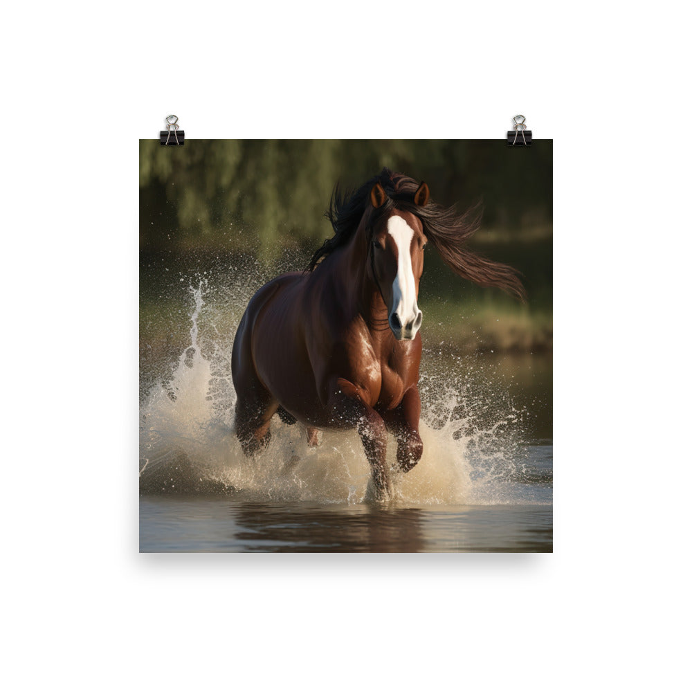 Clydesdale Horse Running through Water photo paper poster - Posterfy.AI