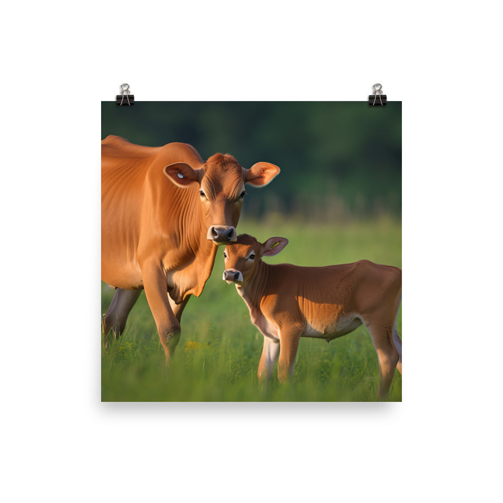 Jersey Cow and Calf Bonding in a Green Pasture photo paper poster - Posterfy.AI