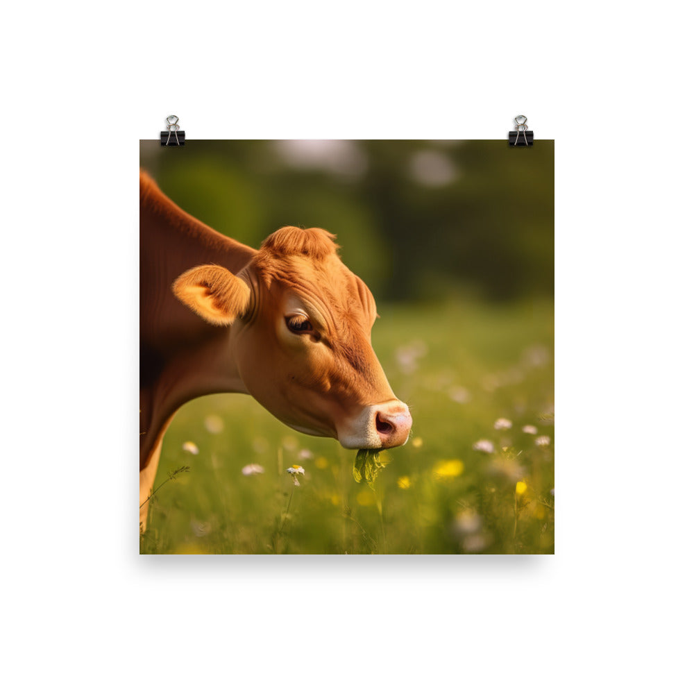 Adorable Jersey Cow Grazing in a Sunny Meadow photo paper poster - Posterfy.AI