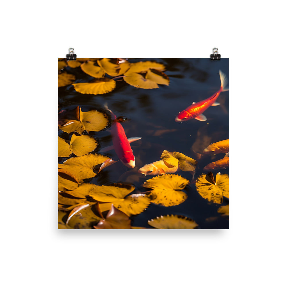 Golden Koi Swimming in Tranquil Pond Photo paper poster - Posterfy.AI