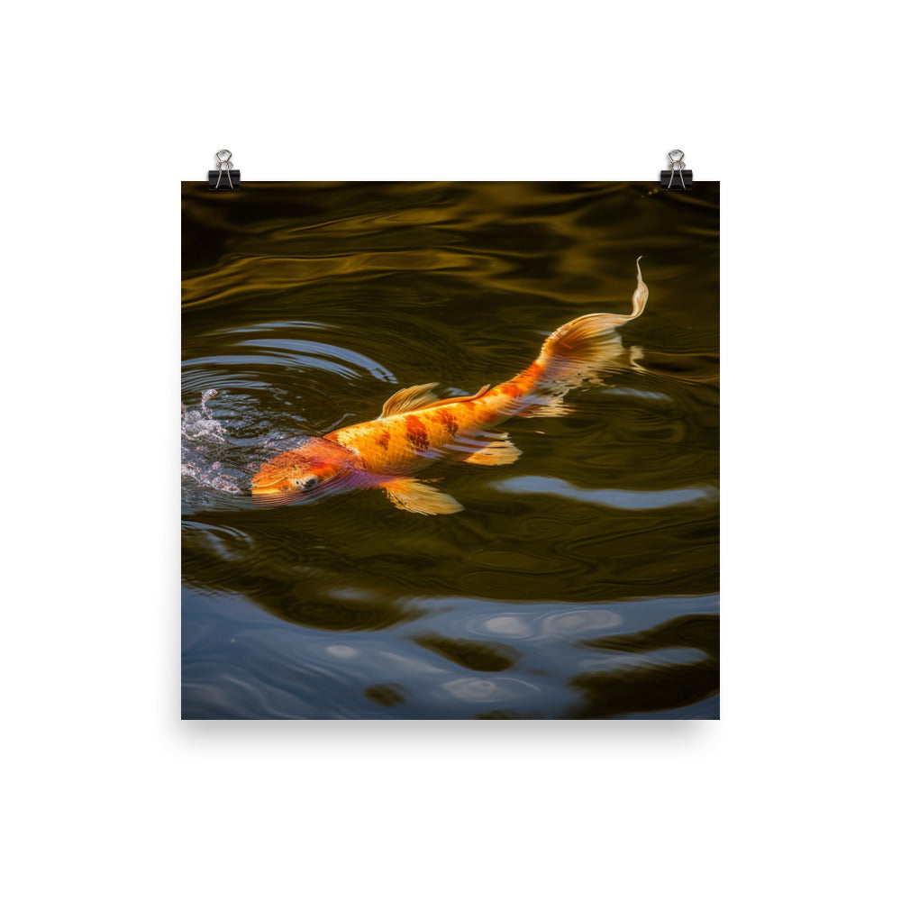 Golden Koi Swimming in Tranquil Pond  Photo paper poster - Posterfy.AI