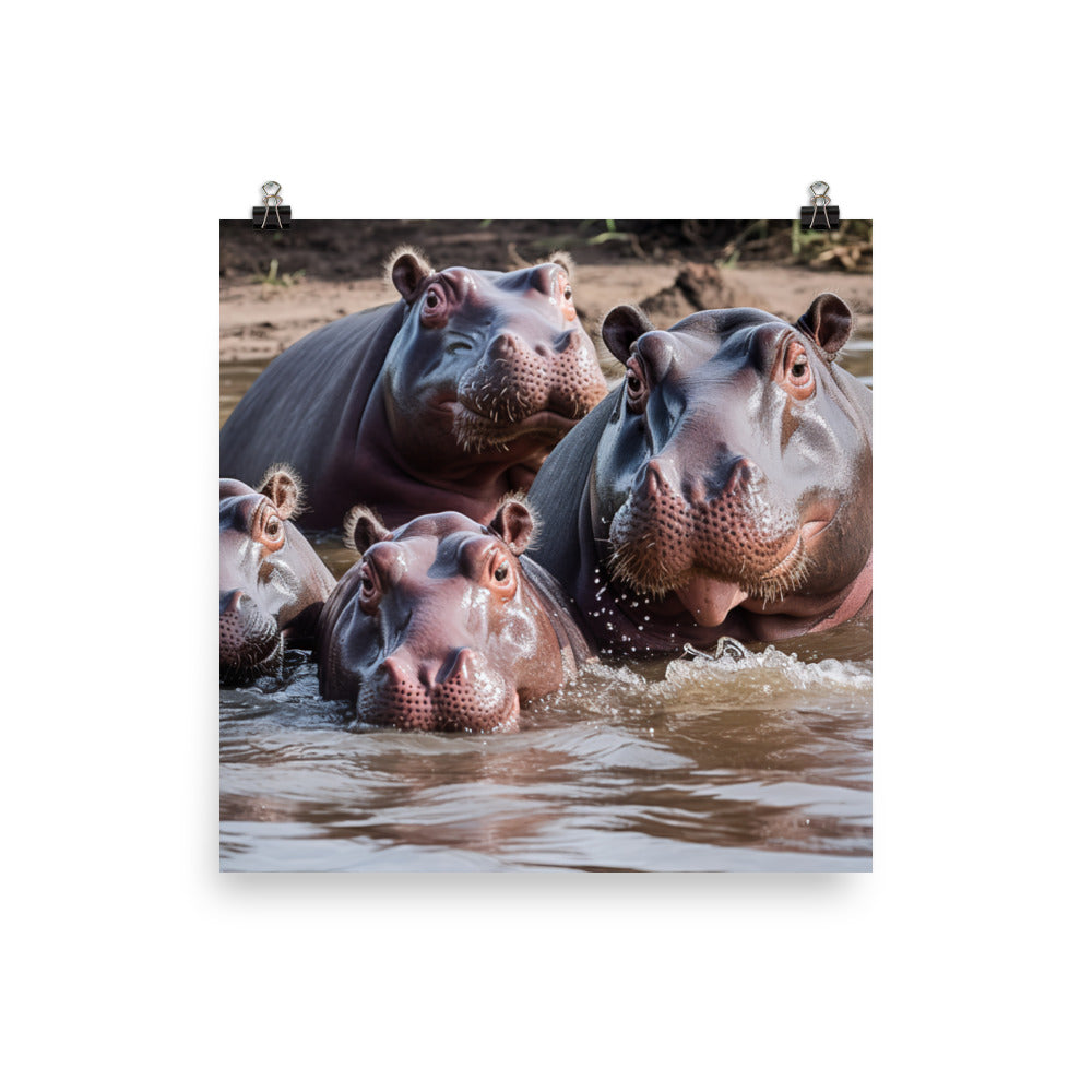 Playful Hippopotamus Family Photo paper poster - Posterfy.AI
