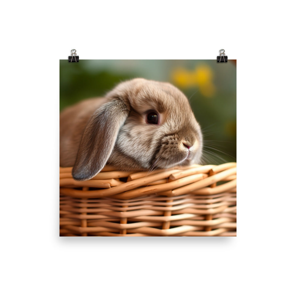 Mini Lop Bunny in a Wicker Basket photo paper poster - Posterfy.AI