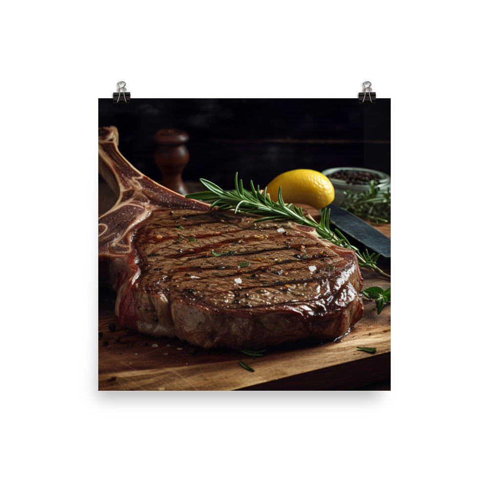 T-Bone Steak on a Wooden Board photo paper poster - Posterfy.AI