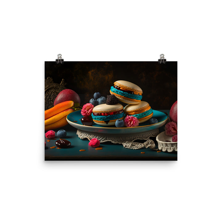 Colorful french macarons on plate photo paper poster - Posterfy.AI