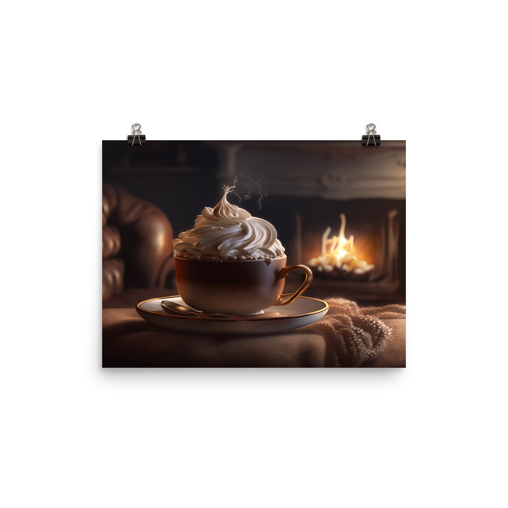 A steaming cup of hot cocoa with a generous pile of whipped cream photo paper poster - Posterfy.AI