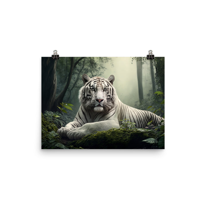 A majestic white tiger resting in a forest photo paper poster - Posterfy.AI