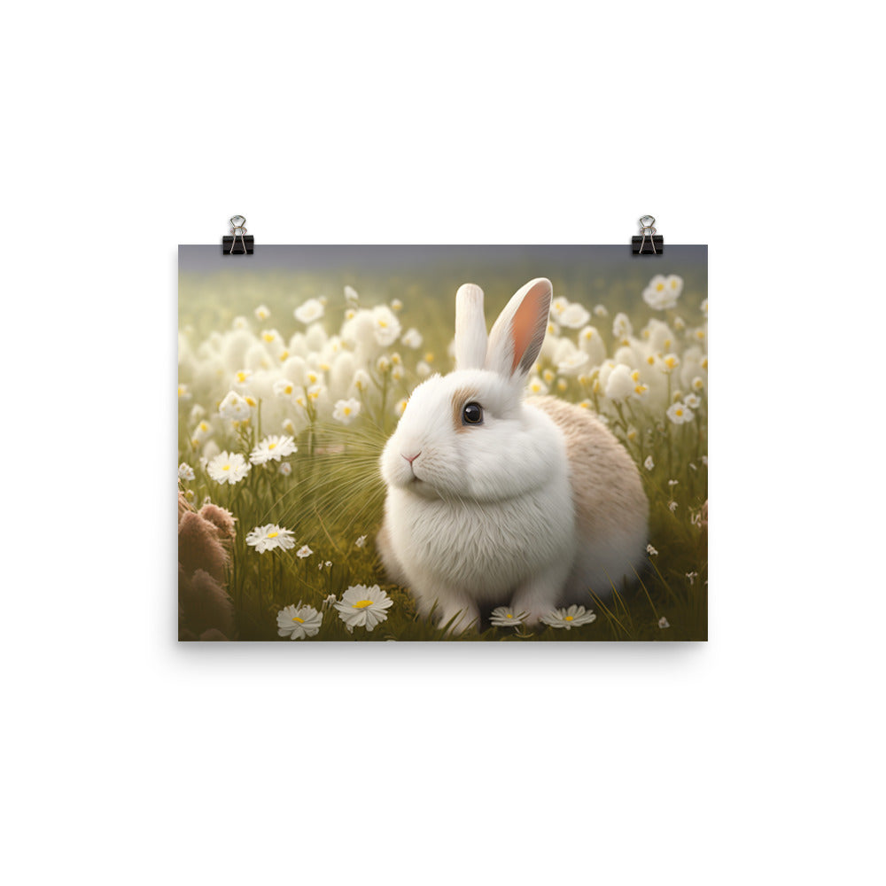 A fluffy white bunny in a field of flowers photo paper poster - Posterfy.AI