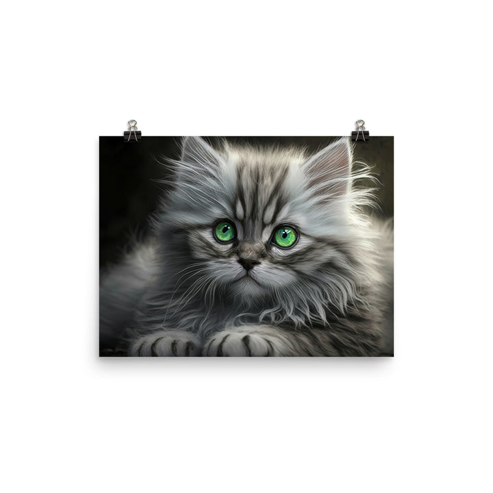 A fluffy gray kitten with bright green eyes photo paper poster - Posterfy.AI