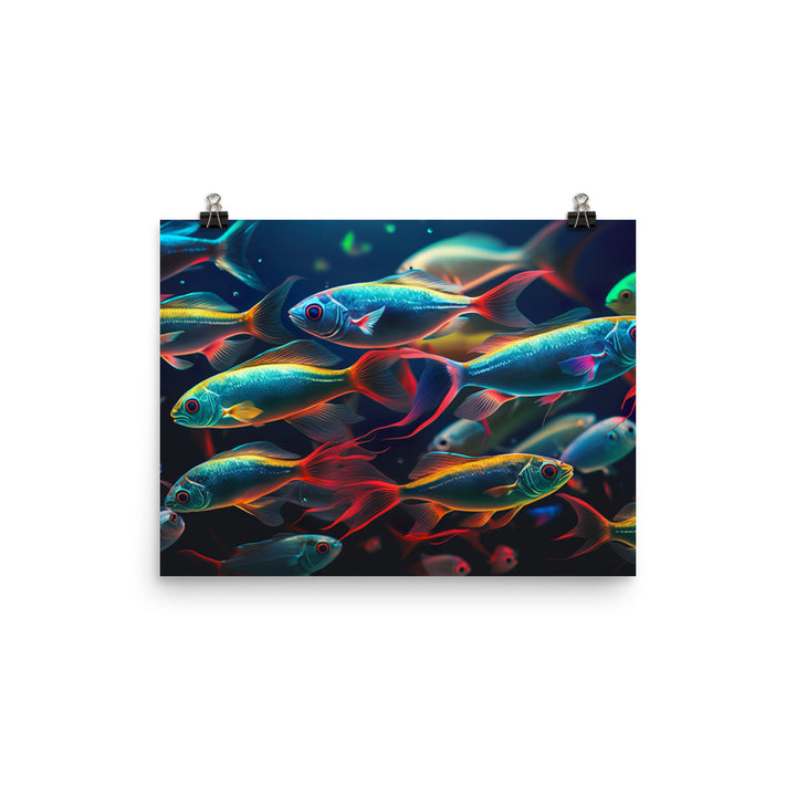 Neon tetras swimming in a brightly lit aquarium photo paper poster - Posterfy.AI