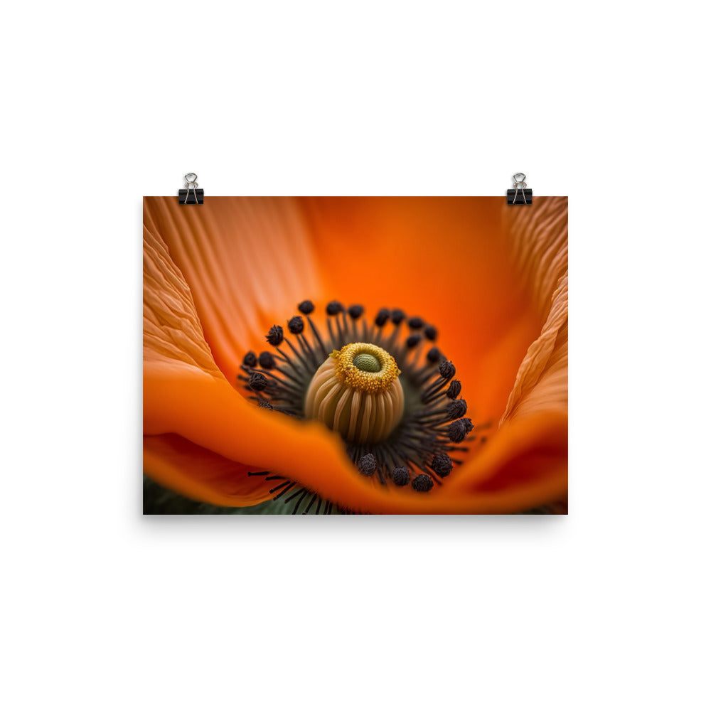 A macro shot of a bright orange poppy photo paper poster - Posterfy.AI