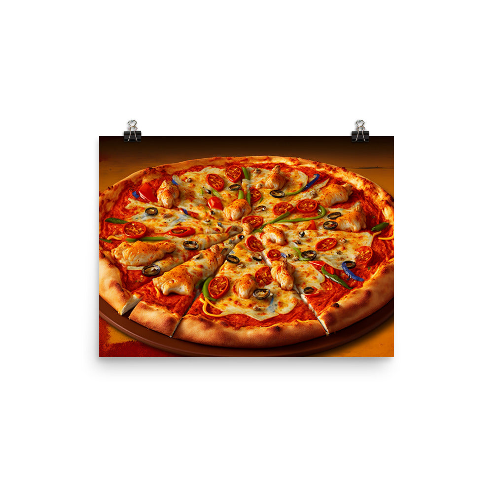 A spicy chicken pizza with chunks of tender chicken photo paper poster - Posterfy.AI