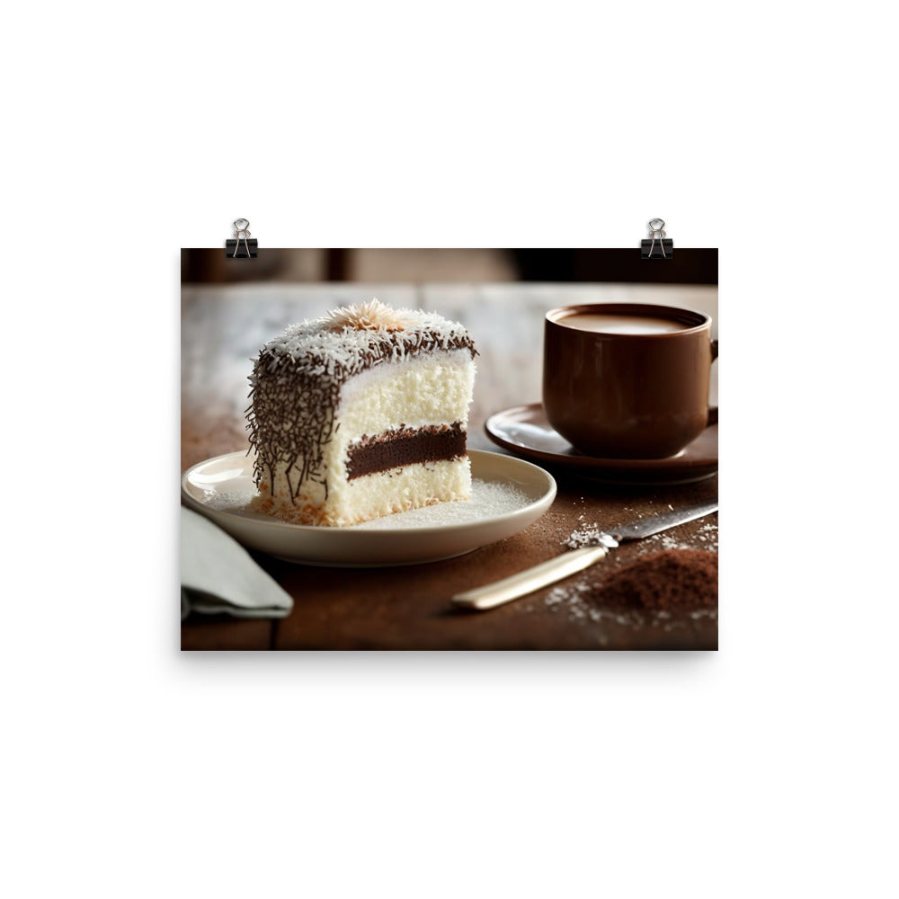 Coconut-covered cake paired with the smooth coffee photo paper poster - Posterfy.AI