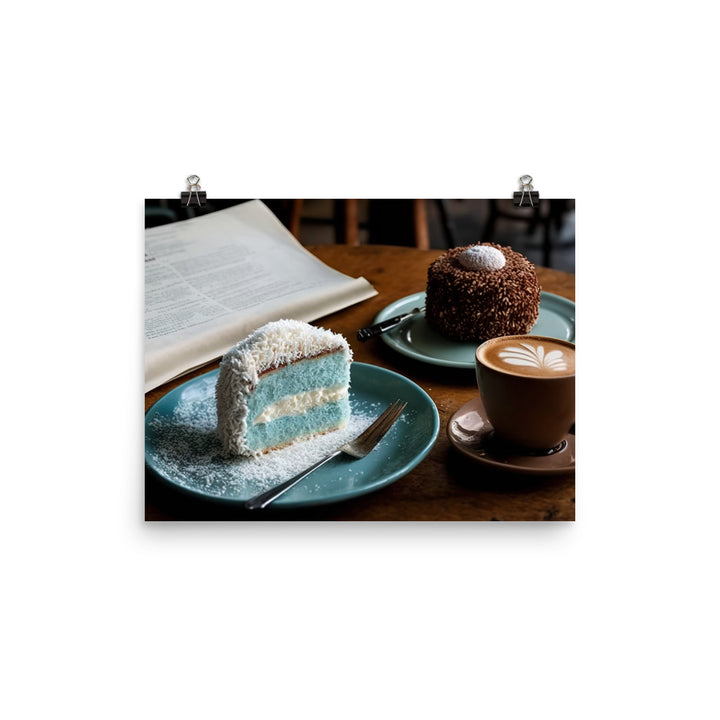 Coconut-covered cake paired with the smooth coffee photo paper poster - Posterfy.AI