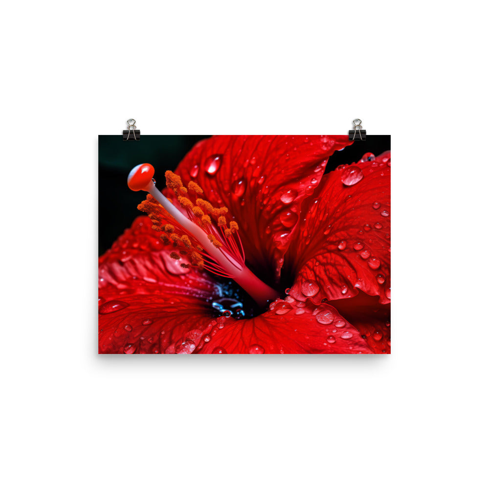 Close-Up of a Red Hibiscus with Dew Drops  photo paper poster - Posterfy.AI