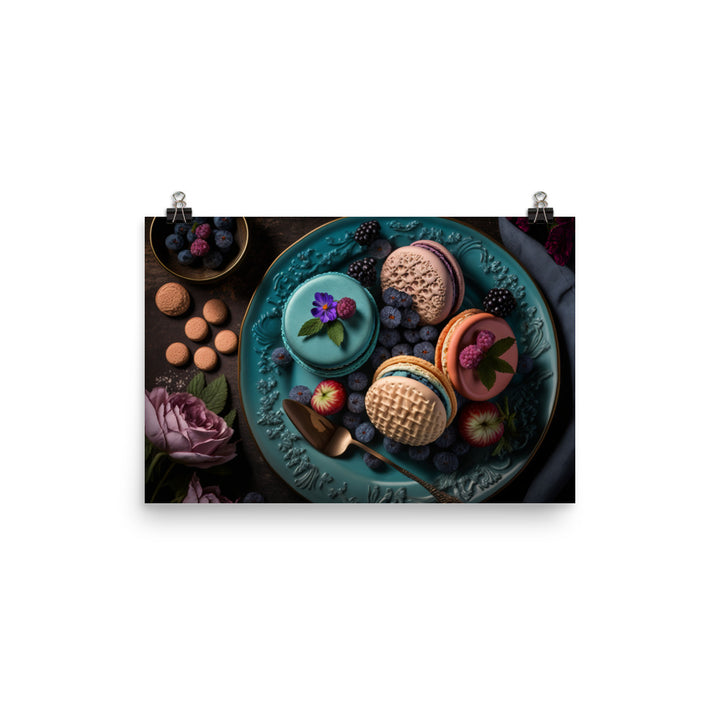 Colorful french macarons on plate photo paper poster - Posterfy.AI