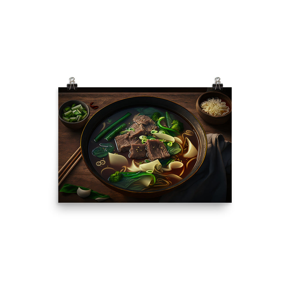 A steaming hot bowl of beef noodle soup 红燒牛肉麵 photo paper poster - Posterfy.AI