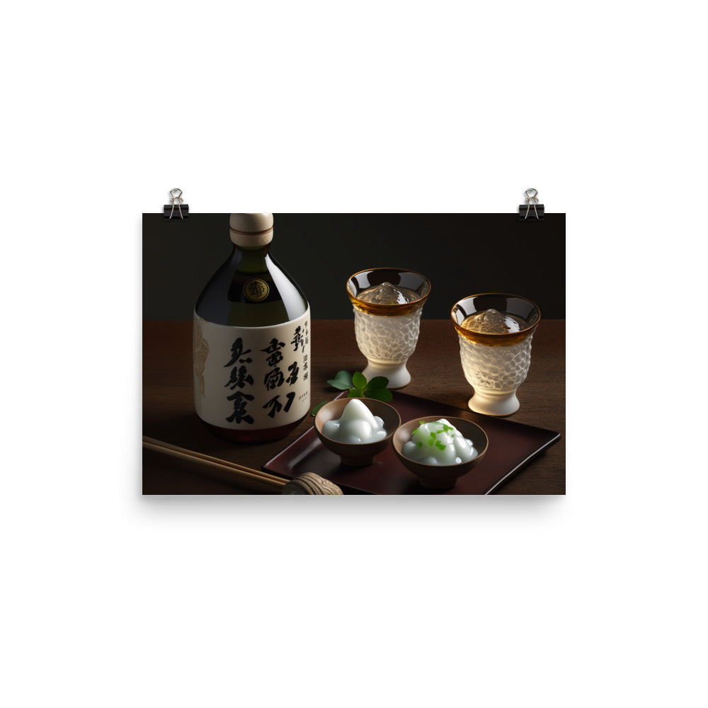 A traditional Japanese sake set with a tokkuri (sake bottle) and ochoko (sake-cups) photo paper poster - Posterfy.AI